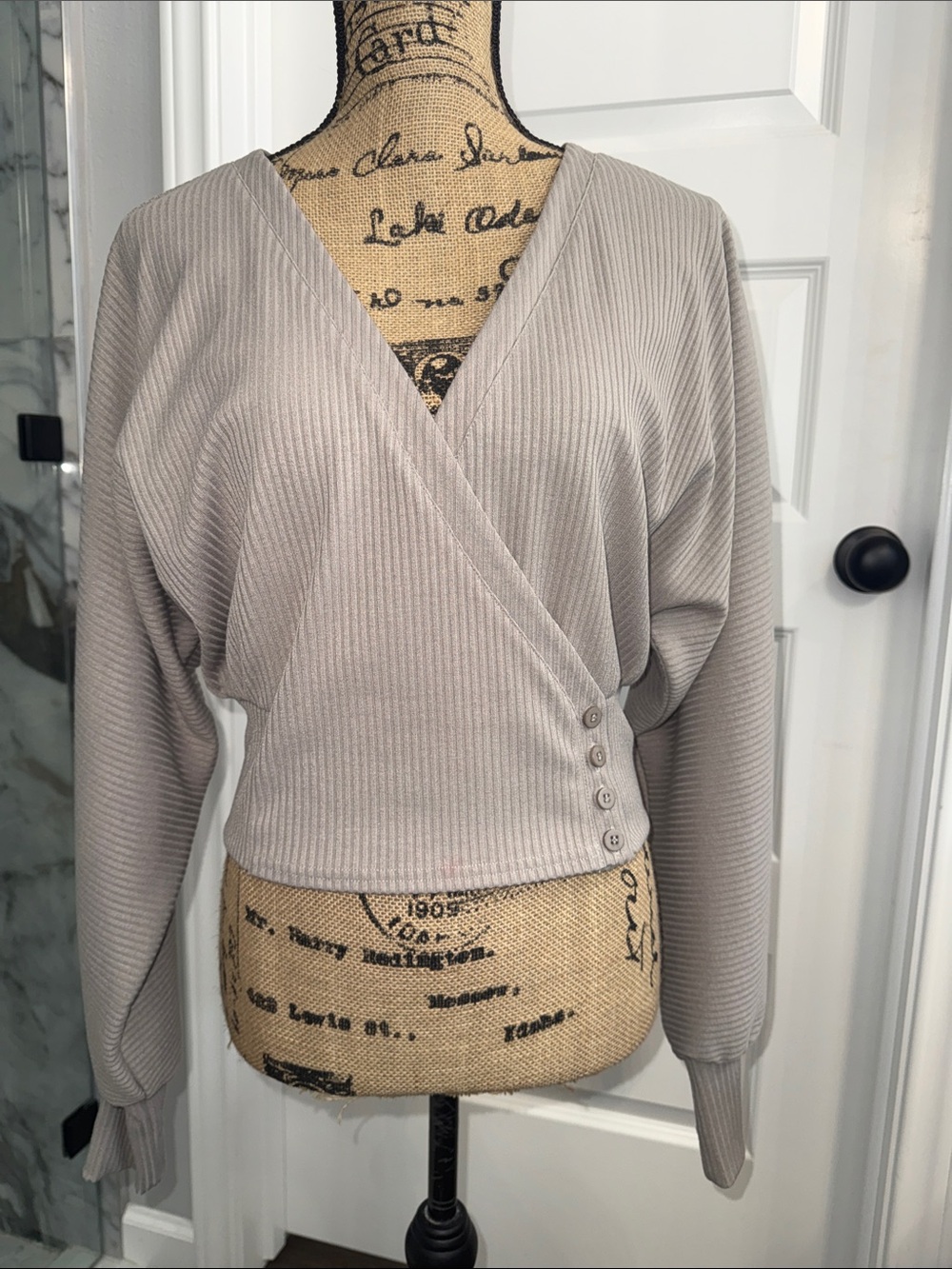 Sugarlips Cropped Ribbed Wrap V-Neck Sweater - Light Taupe - Picture 1 of 5